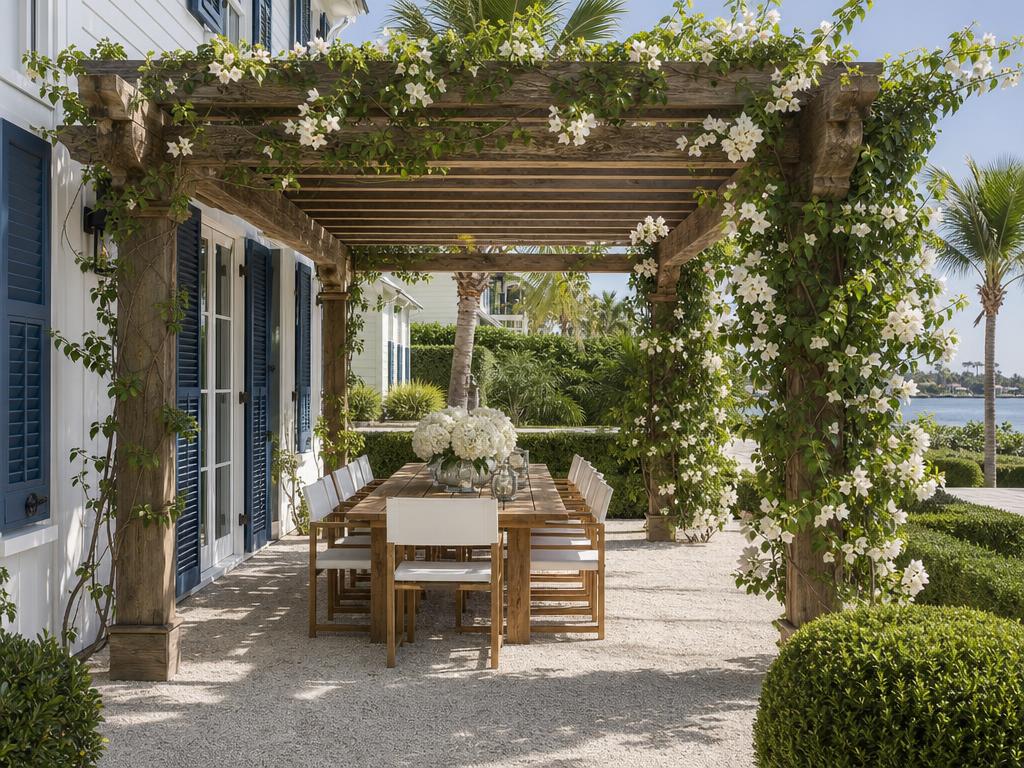 Classic cedar pergola with flowering vines and outdoor dining