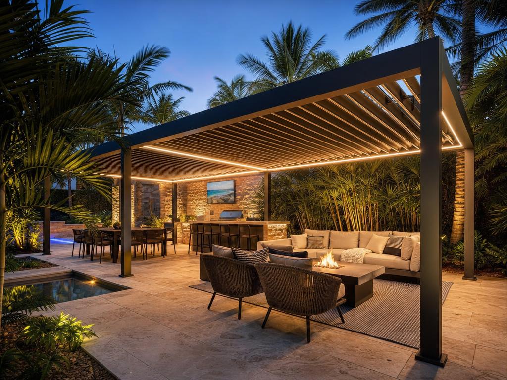 Modern louvered pergola with integrated lighting and outdoor lounge