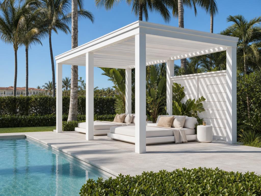 Poolside white pergola with daybeds and palm trees