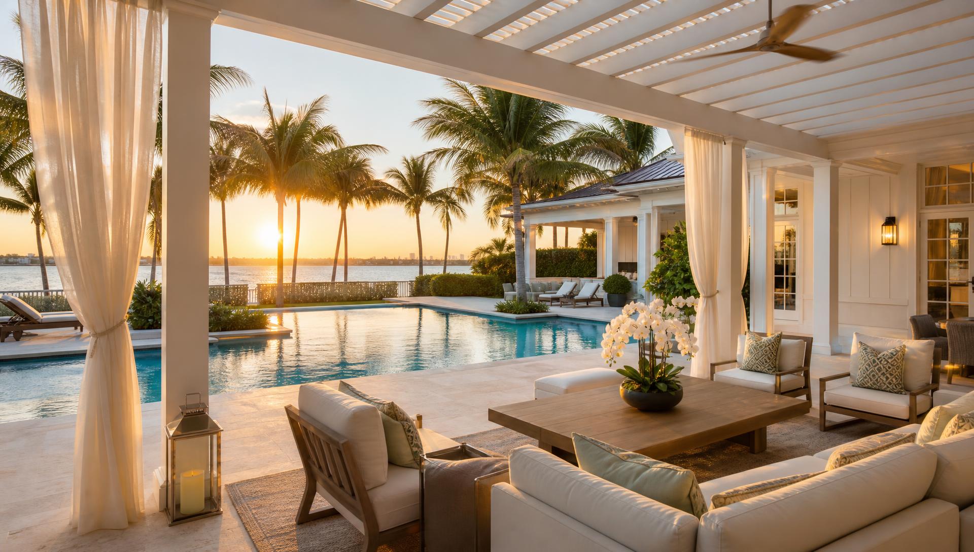 Luxury coastal pergola at sunset overlooking a pool and palm trees